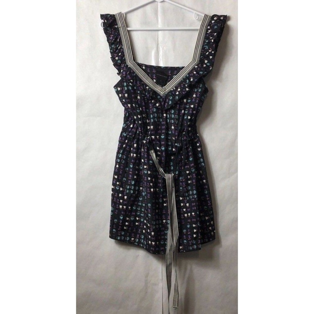 Anthropologie Anna Sui silk  Black Floral Mini Dress Striped V-Neck Trim, size 2